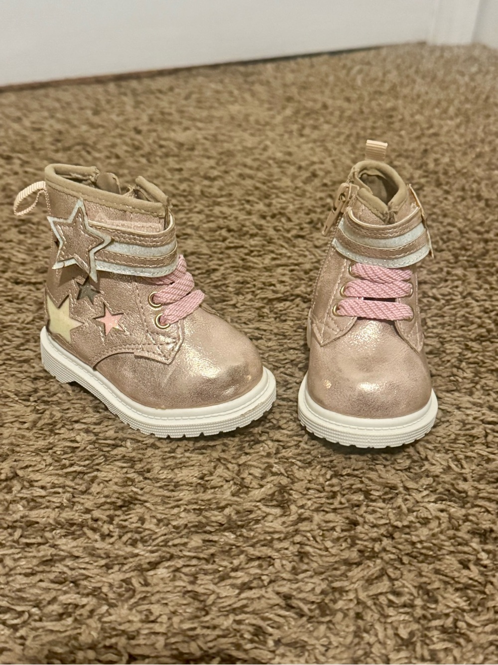 Rose Gold Metallic Star Accent Lace-Up Boots